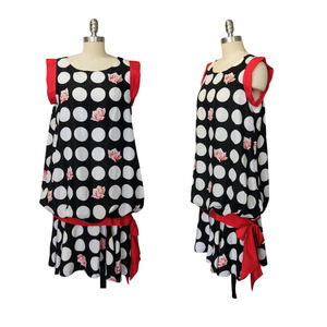 Vintage 80s Polka Dot Drop Waist Dress Size M Black White Red Bow Mod Bubble Hem